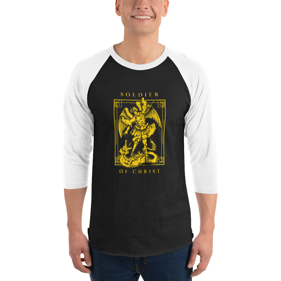 Soldier Of Christ - Golden Angel Slaying Dragon Graphic 3/4 sleeve raglan shirt