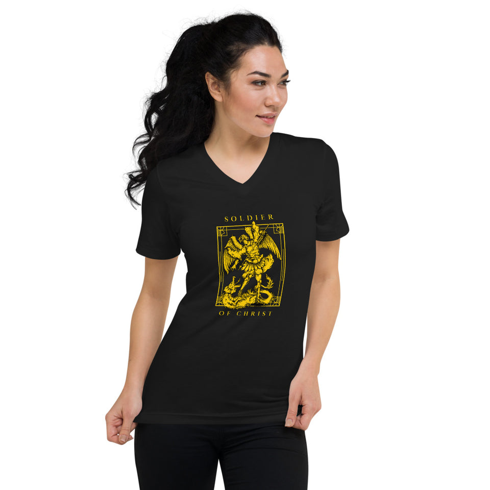 Soldier Of Christ - Golden Angel Slaying Dragon Graphic Custom Unisex Short Sleeve V-Neck T-Shirt