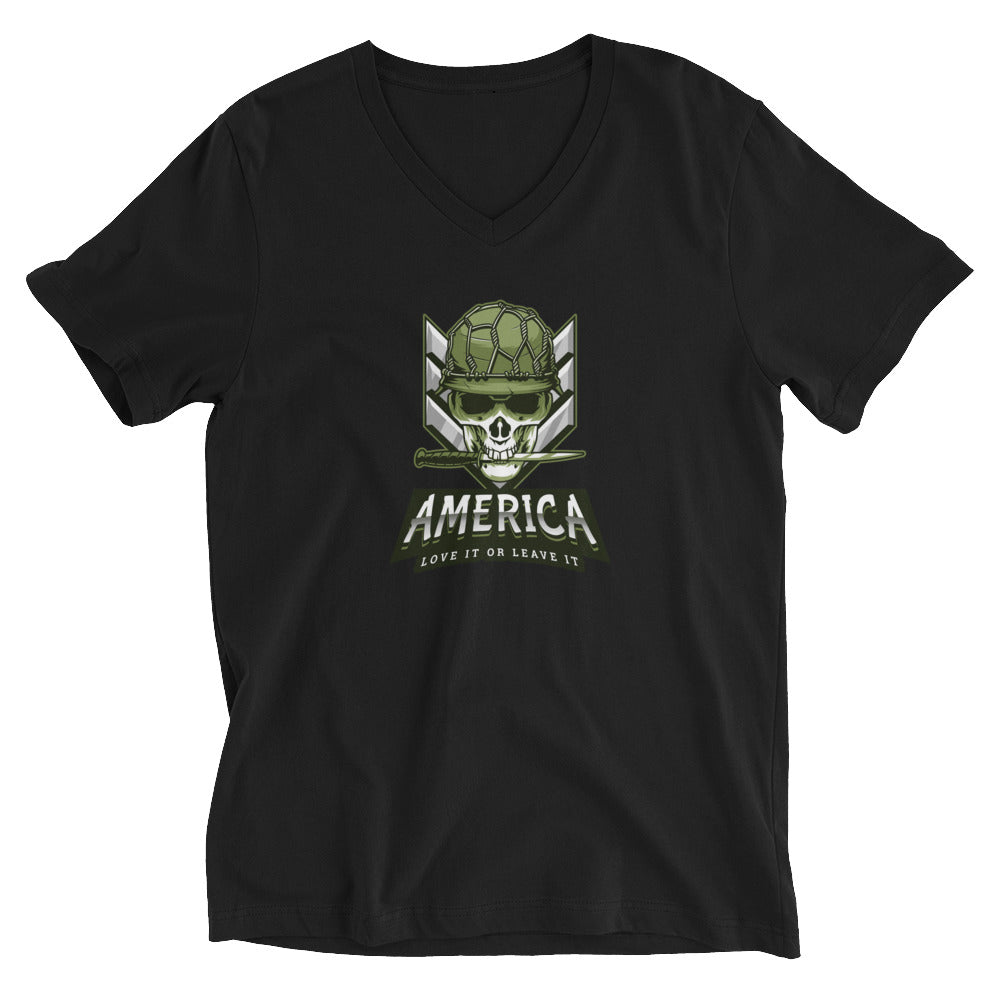America - Love it or Leave it Skull Soldier Graphic Custom Unisex Short Sleeve V-Neck T-Shirt