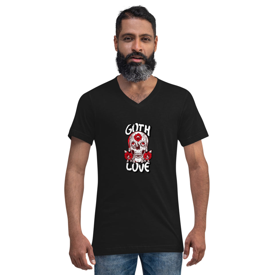 Goth Love Skulls & Roses Graphic Custom Unisex Short Sleeve V-Neck T-Shirt