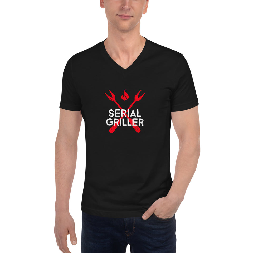 Serial Griller - Cross Utensil Graphic Custom Unisex Short Sleeve V-Neck T-Shirt