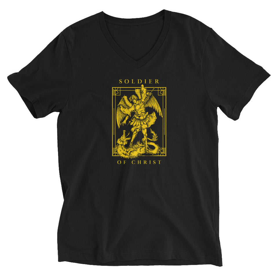 Soldier Of Christ Golden Angel Slaying Dragon Graphic Custom Unisex Short Sleeve V-Neck T-Shirt