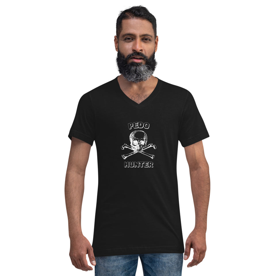Pedo Hunter - Skull & Bones Graphic Custom Unisex Short Sleeve V-Neck T-Shirt