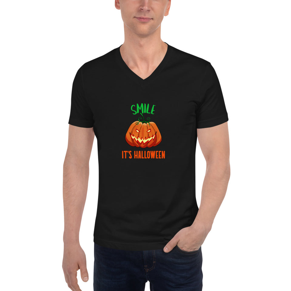 Smile It's Halloween Funny Jack-O-Lantern Custom Unisex Short Sleeve V-Neck T-Shirt