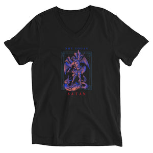 Not Today Satan Vibrant Colored Angel Slaying Dragon Graphic Unisex Short Sleeve V-Neck T-Shirt
