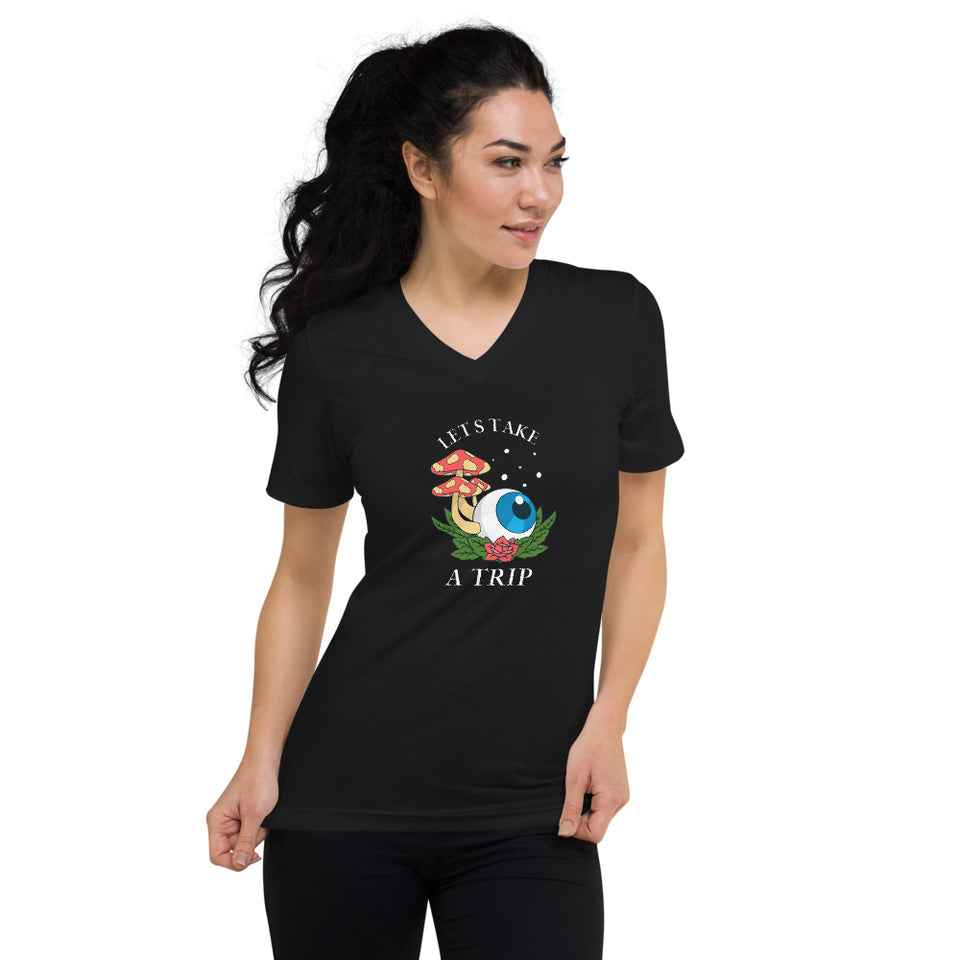 Let's Take A Trip - Shrooms & Eyeball Graphic Unisex Short Sleeve V-Neck T-Shirt
