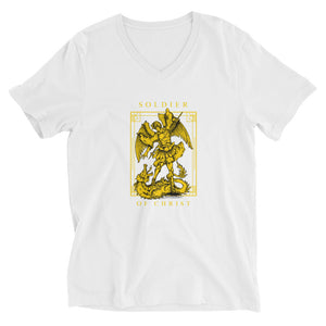Soldier Of Christ - Golden Angel Slaying Dragon Graphic Custom Unisex Short Sleeve V-Neck T-Shirt
