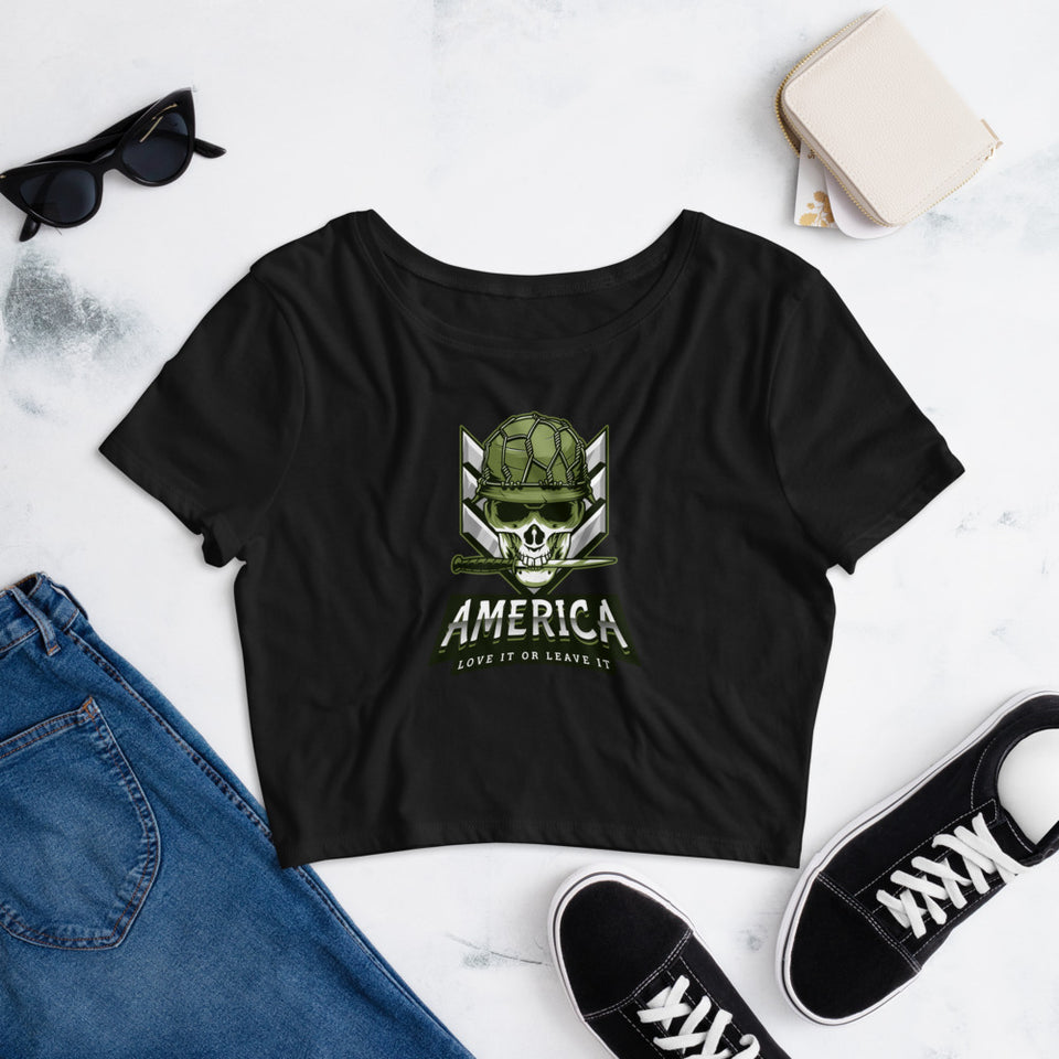 America - Love it or Leave it - Skull Trooper Graphic Custom Women’s Crop Tee