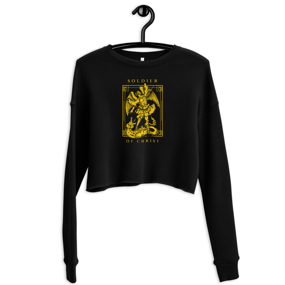 Soldier Of Christ Custom Crop Sweatshirt - Golden Angel Slaying Dragon Graphic